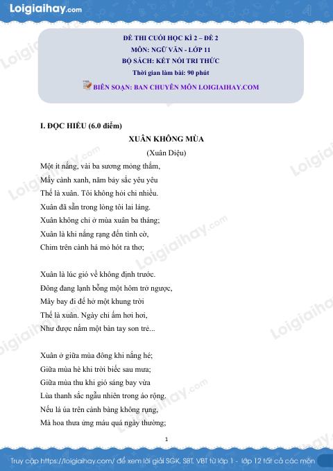 Đề thi học kì 2 Văn 11 Chân trời sáng tạo - Đề số 2